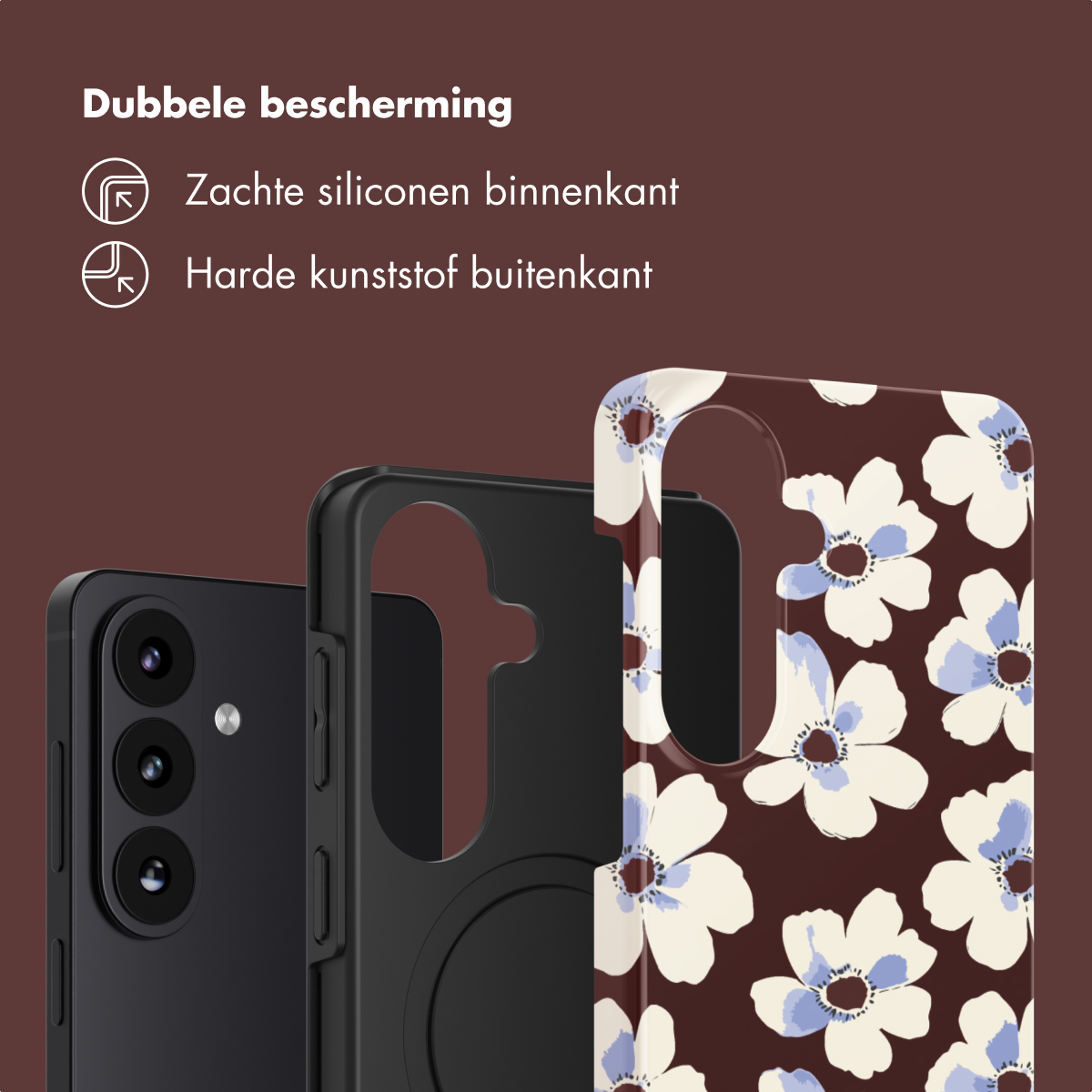 Een zwarte telefoon naast een telefoonhoesje met bloemenpatroon.