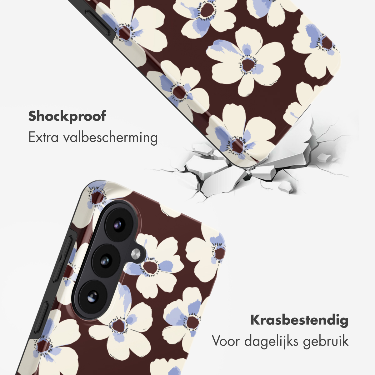 Bruine telefoonhoes met bloemenpatroon, schok- en krasbestendig.