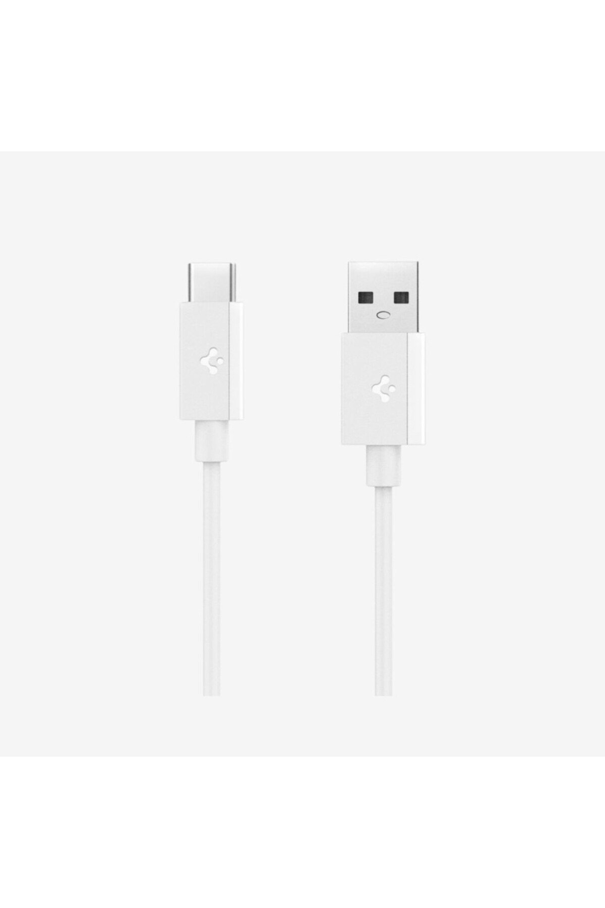 Type-C ve USB-A konektörlü iki beyaz USB kablosu.