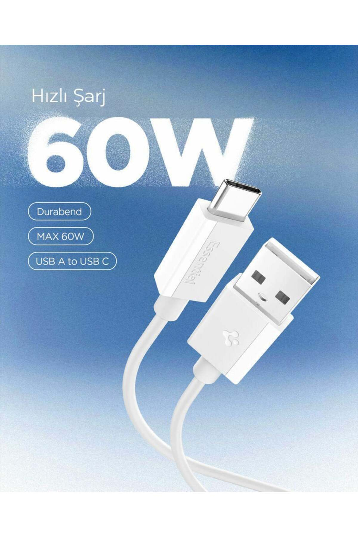 Mavi arka plan üzerinde 60W hızlı şarjlı beyaz USB-A - USB-C kablosu.