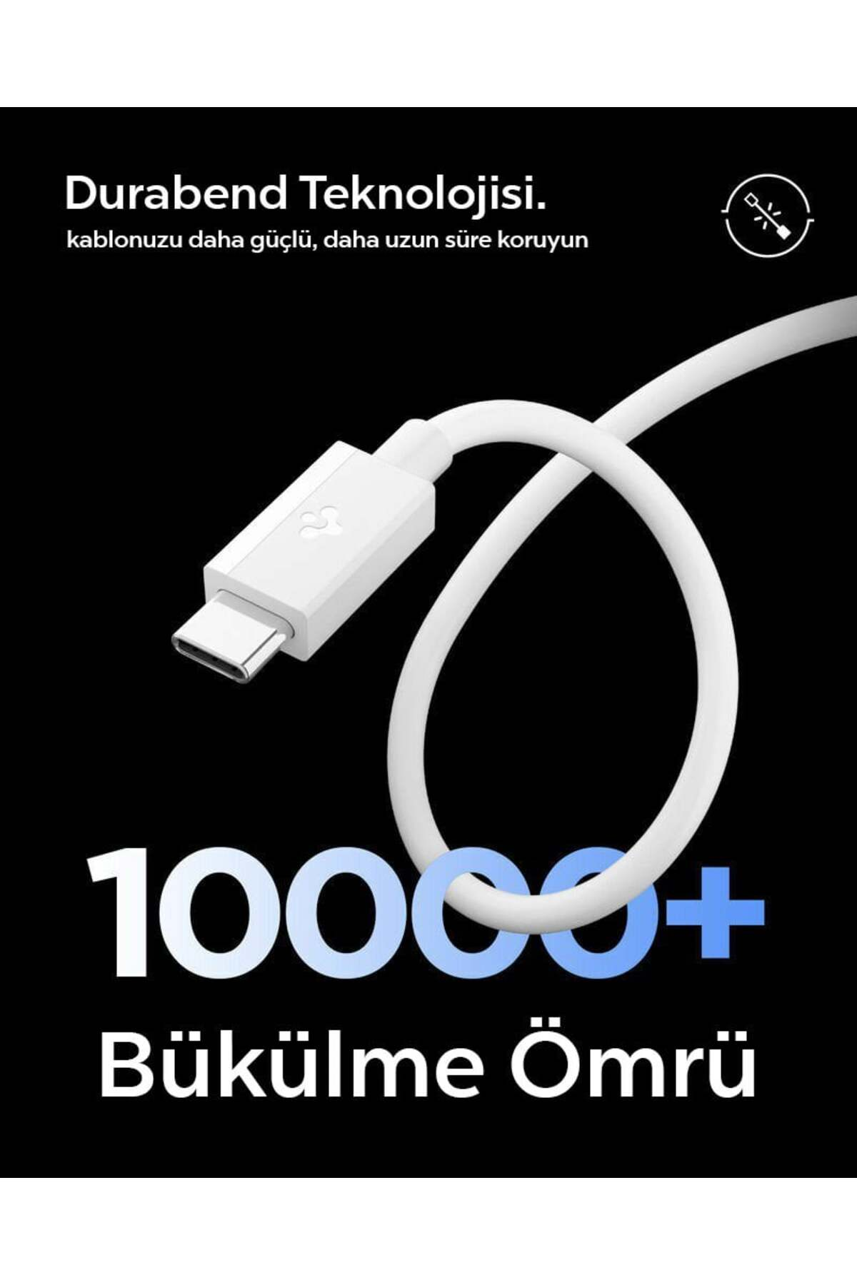 Beyaz USB-C kablo üzerinde Durabend Teknolojisi yazısı. 10000+ Bükülme Ömrü.
