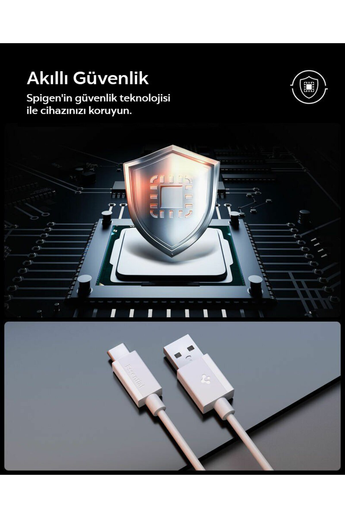 Bilgisayar devre kartı üzerinde parlayan kalkan simgesi. Altında beyaz USB kabloları.