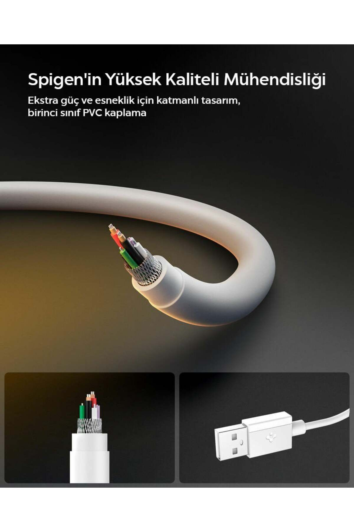 Açık renkli kablo, renkli teller ve USB konektörü gösteriliyor.
