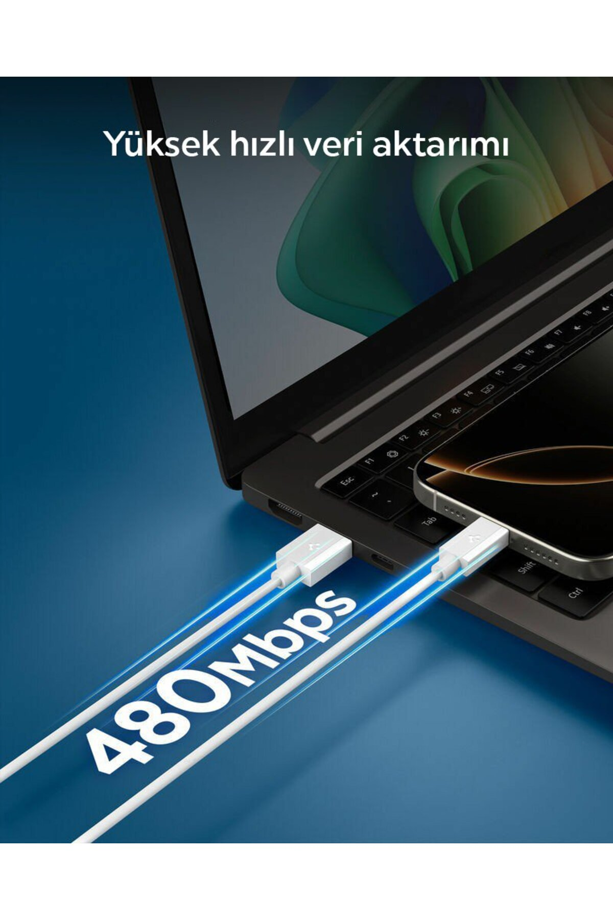 Laptop 480Mbps kablo ile akıllı telefona bağlı.