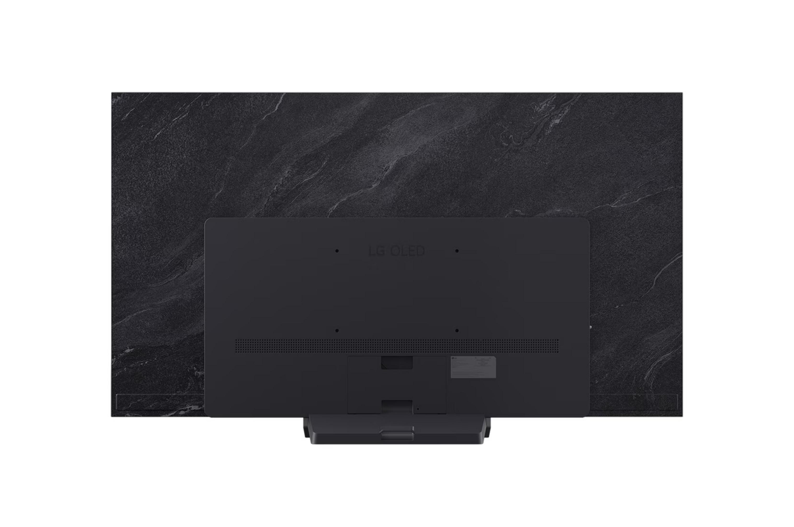 Siyah LG OLED TV'nin mermer desenli arka planı.