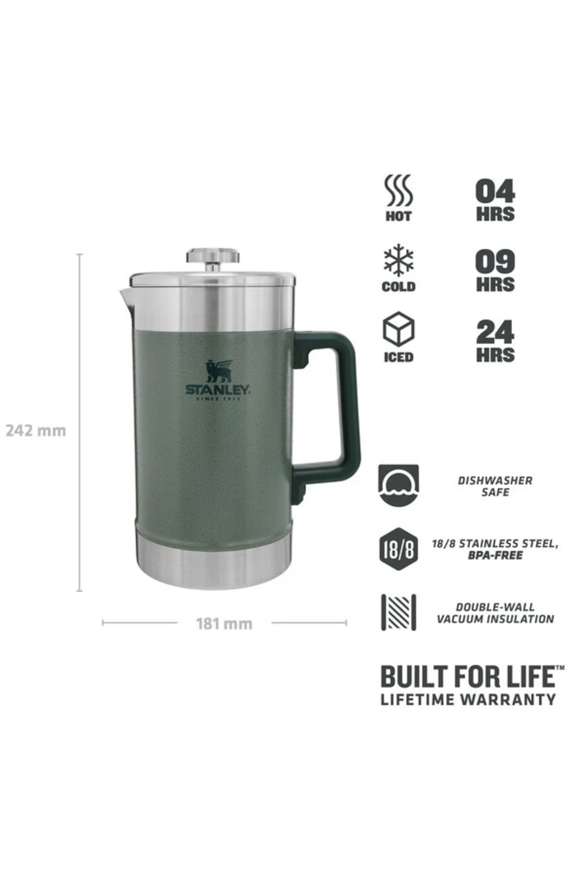 French press Stanley verde, alta 242mm, larga 181mm, per bevande calde, fredde, ghiacciate.