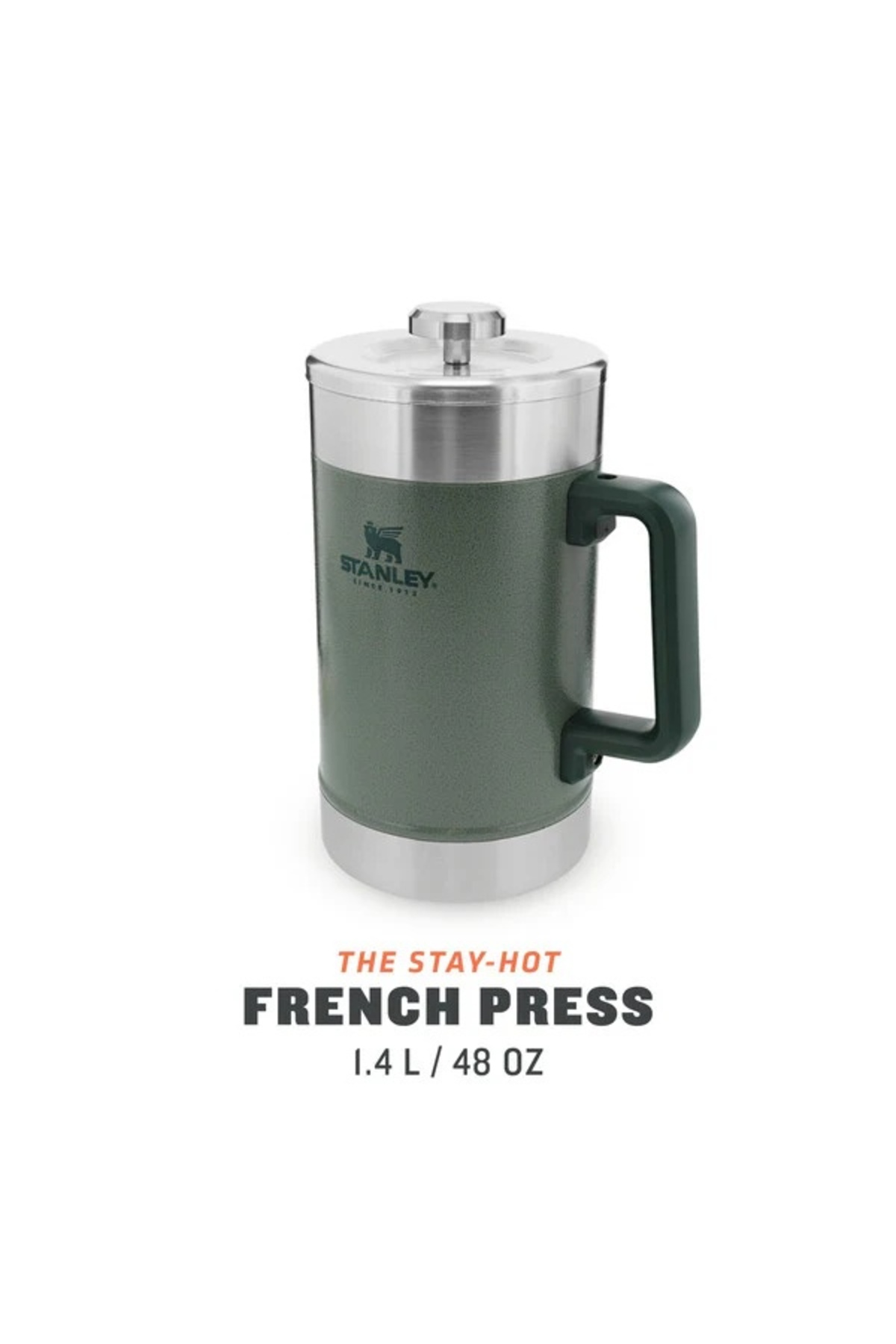 French press Stanley verde con coperchio e manico argentati, capacità 1,4L.