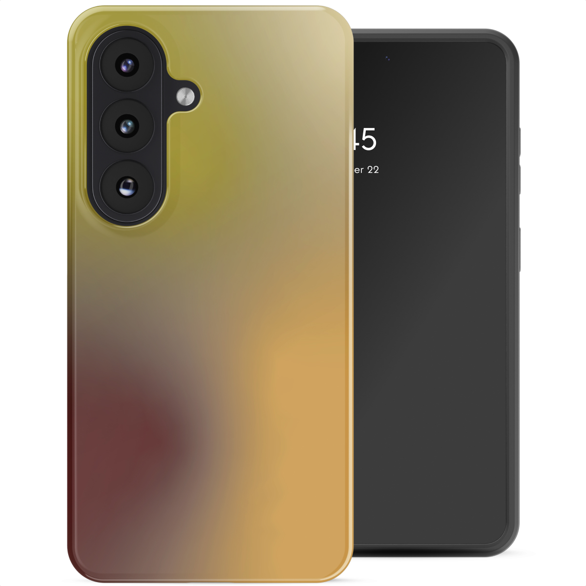 Een smartphone met een hoesje met kleurverloop van geel naar bruin. De tijd is 1:45.
