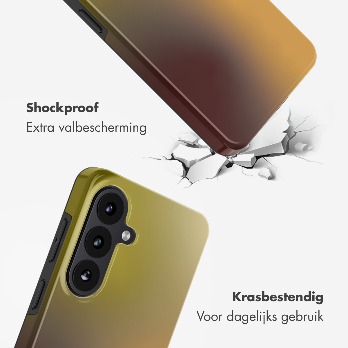 Een telefoonhoesje toont schok- en krasbestendigheid op witte achtergrond.