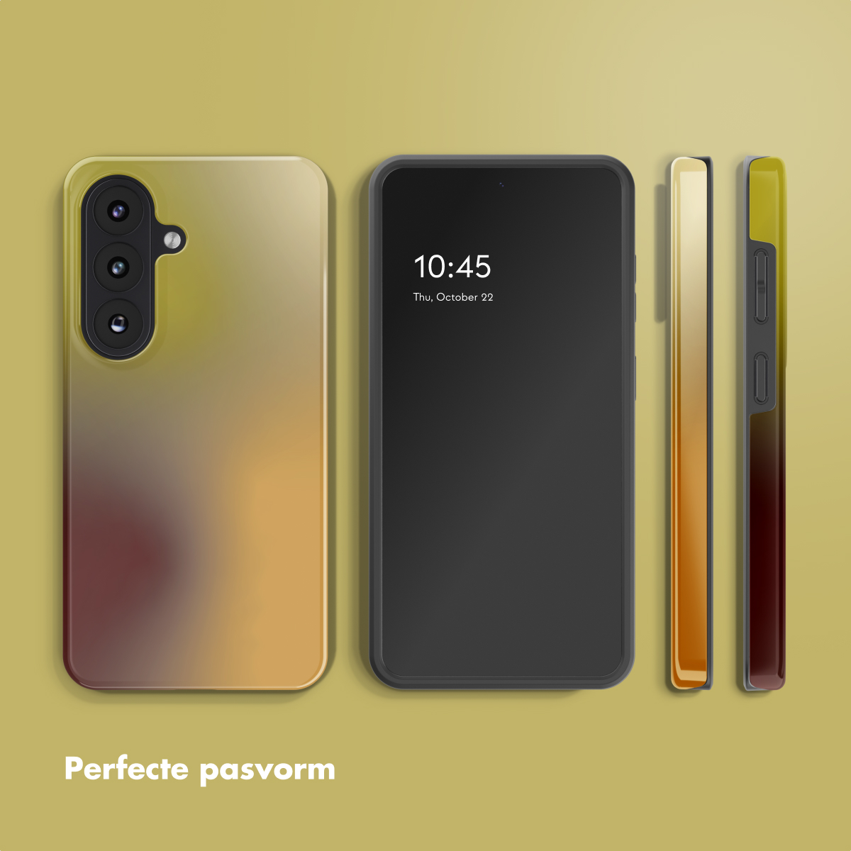 Drie telefoons met kleurverloop hoesjes op gele achtergrond.