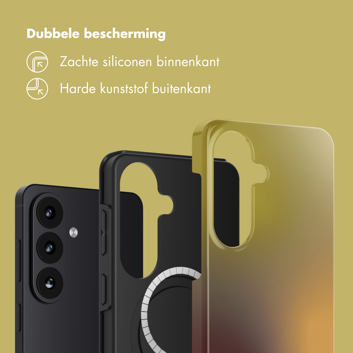 Zwarte smartphone met drie camera's naast twee telefoonhoesjes.