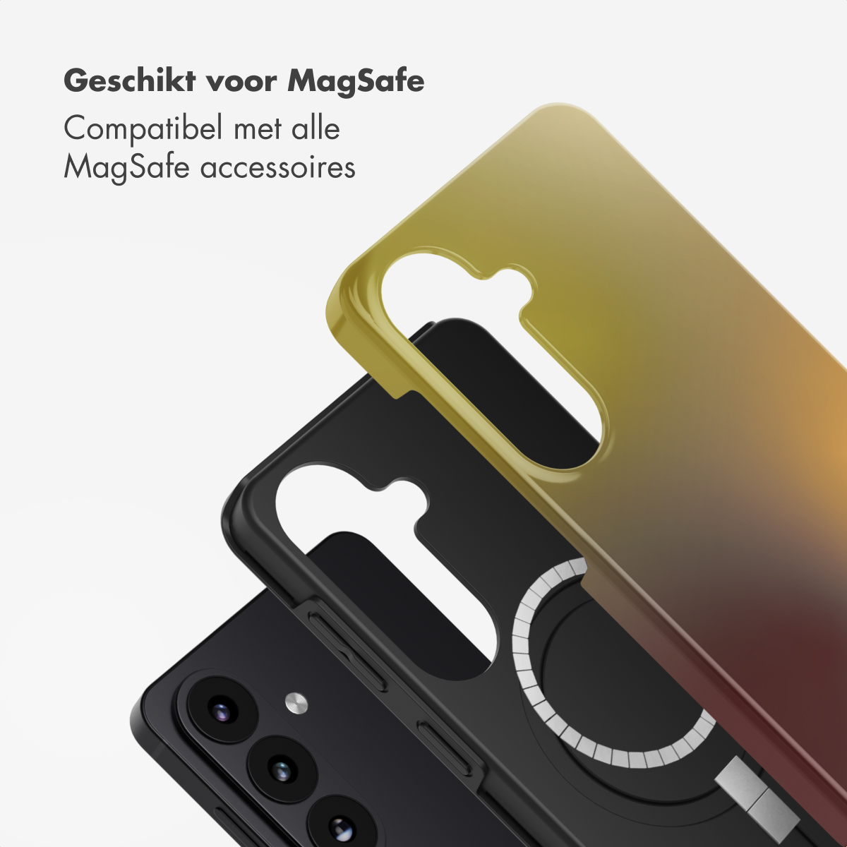 Twee telefoonhoesjes, één zwart, één geel-rood verlopend, met MagSafe ring.