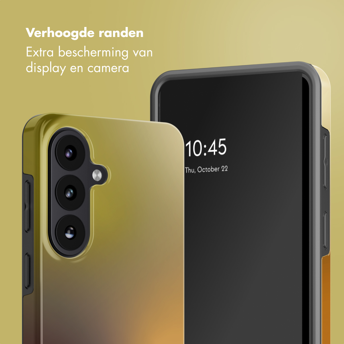Een smartphone met een gouden hoesje en verhoogde randen.