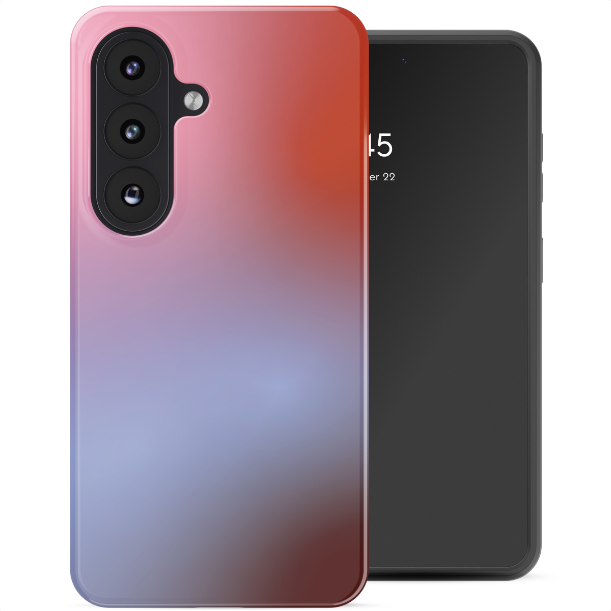 Een smartphone met een gradient hoesje van rood naar blauw. De hoes heeft drie camera's.