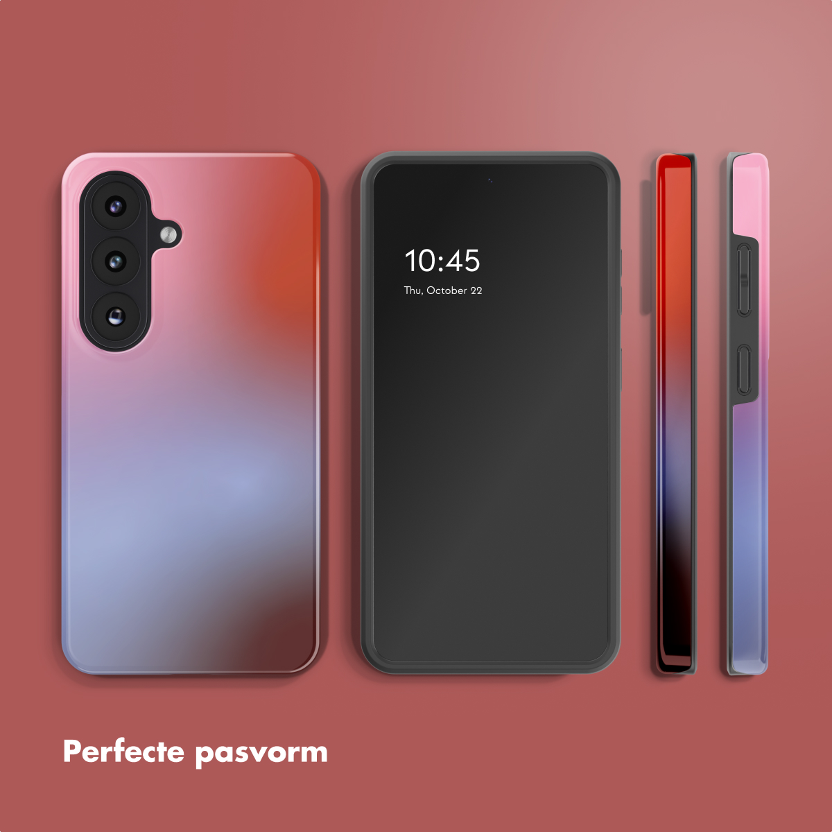 Een smartphone met gradiënt hoesje, een zwart scherm en zij-aanzichten.