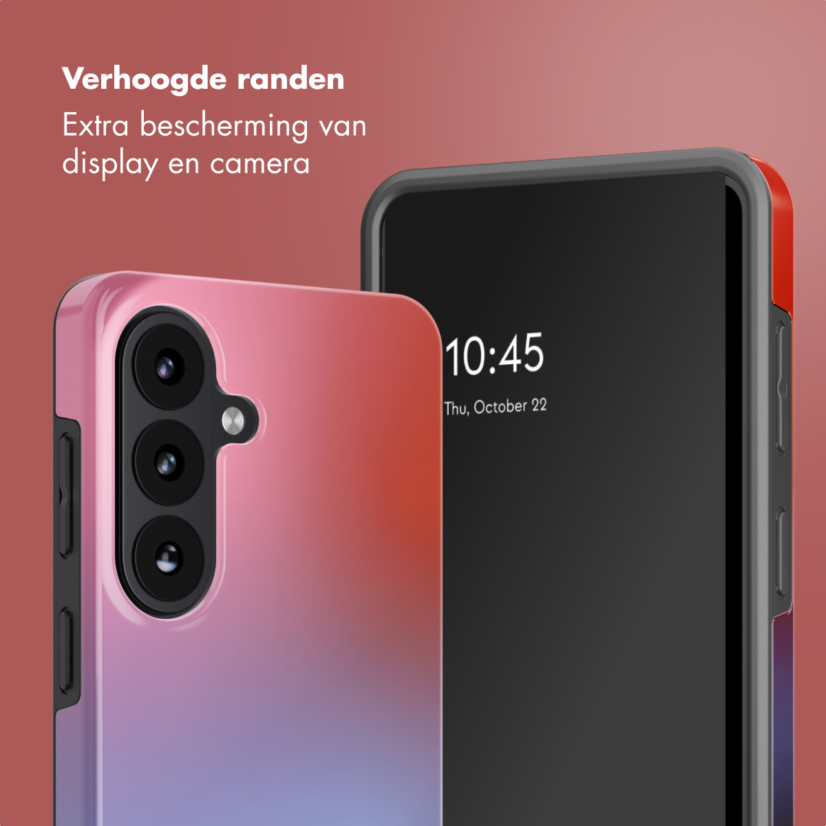 Gradient telefoonhoes met verhoogde randen beschermt display en camera.