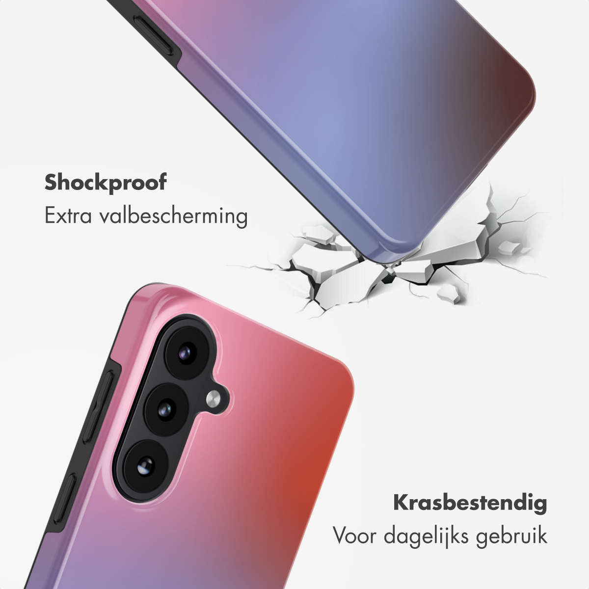 Twee telefoonhoesjes, één valt, de ander toont camera's.