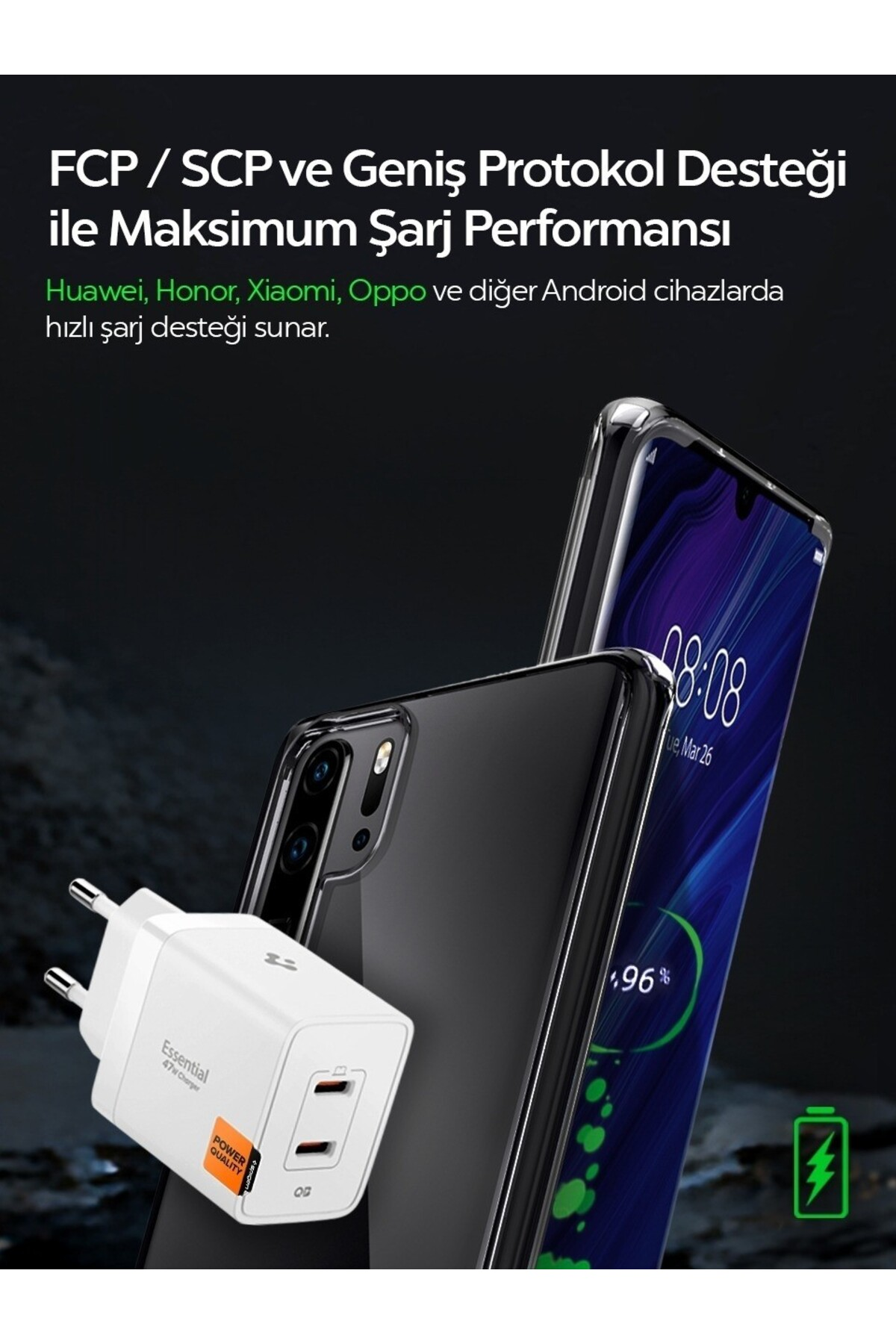 96% şarj gösteren bir akıllı telefonun yanında, iki USB portlu beyaz şarj cihazı.