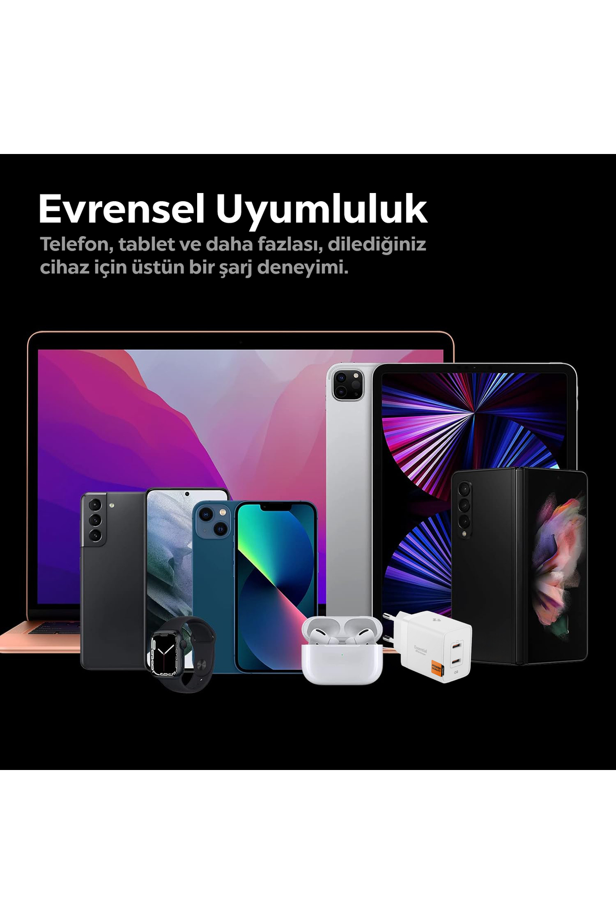 Apple ürünleri koleksiyonu: MacBook, iPhone'lar, iPad, Apple Watch, AirPods ve şarj cihazı.