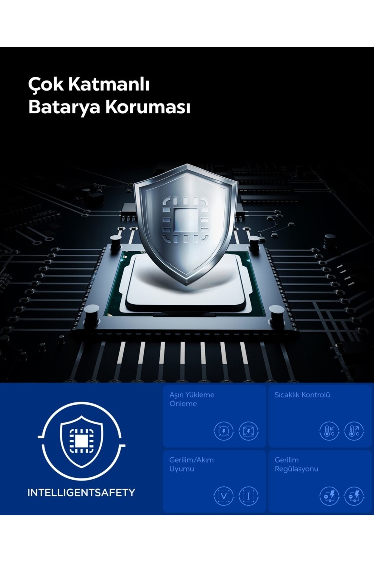 Bir kalkan, devre kartı üzerindeki bir bilgisayar çipini koruyor. Çok katmanlı pil korumas ı.