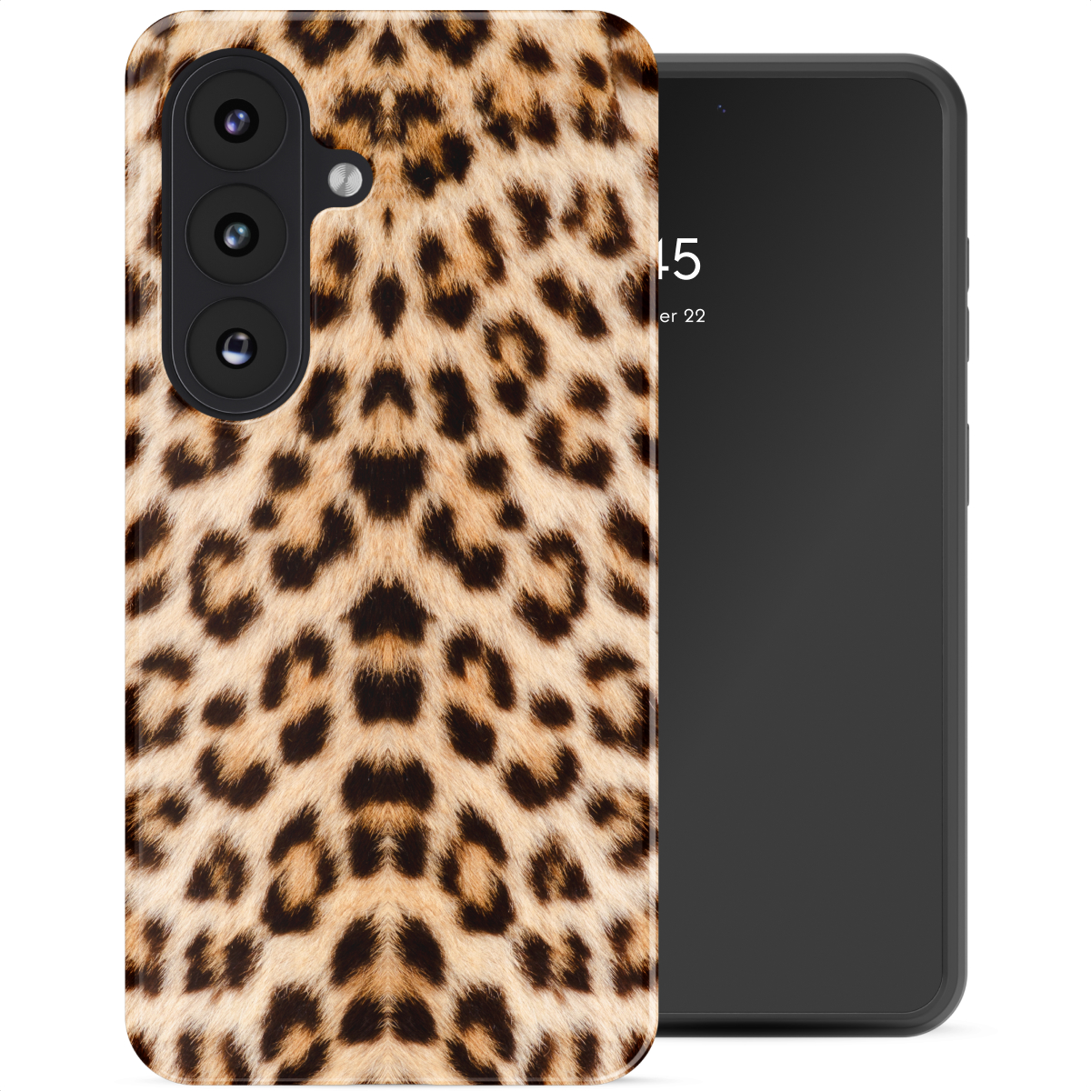 Een telefoonhoesje met luipaardprint naast een zwarte smartphone.