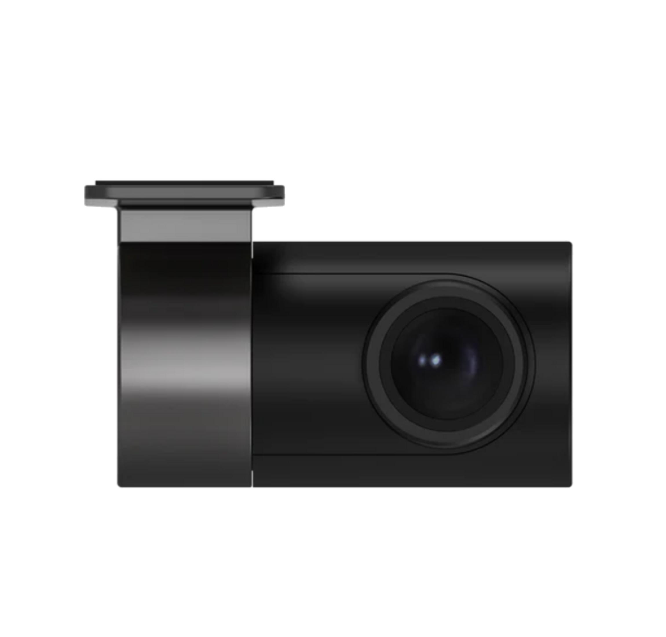 Kompaktowa czarna kamera z obiektywem z przodu i uchwytem montażowym na górze.