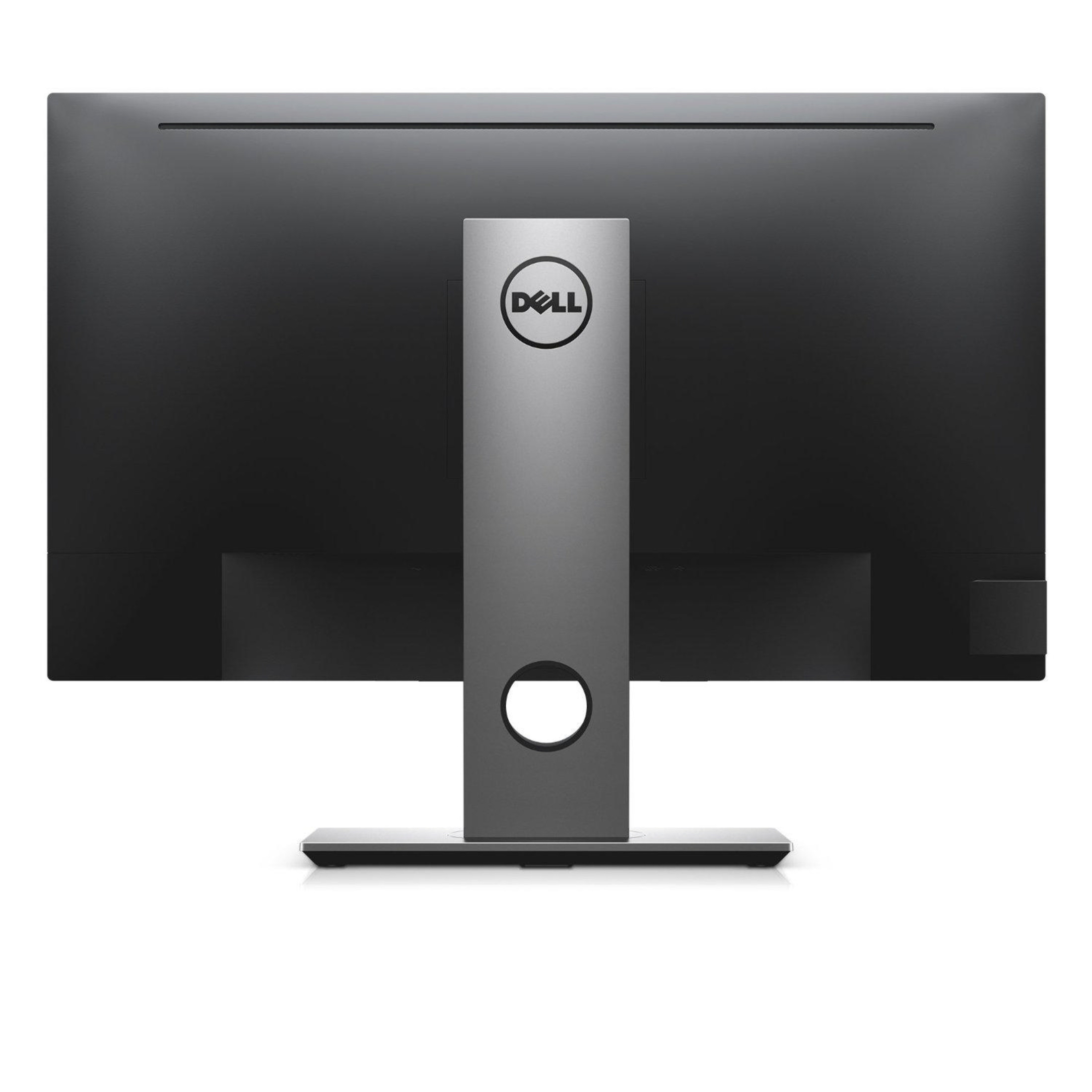 Back of a black Dell monitor with a silver stand and a circular cutout.