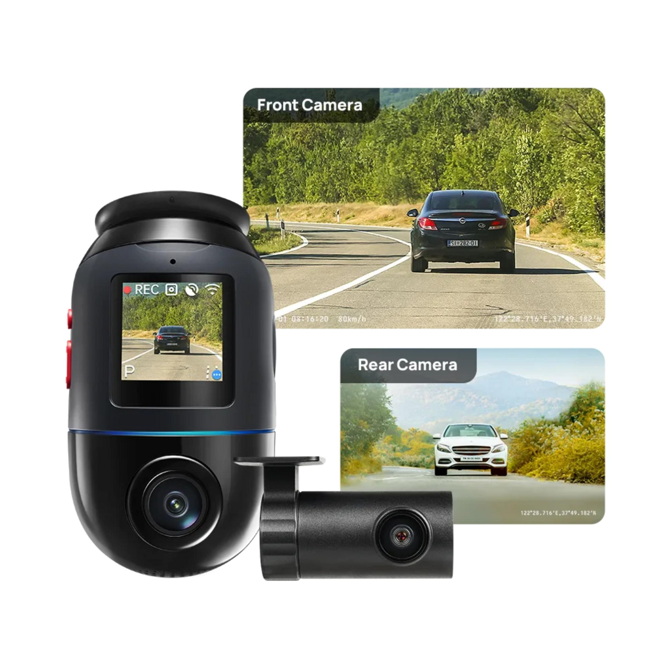 Un set di dashcam con viste delle telecamere anteriore e posteriore.
