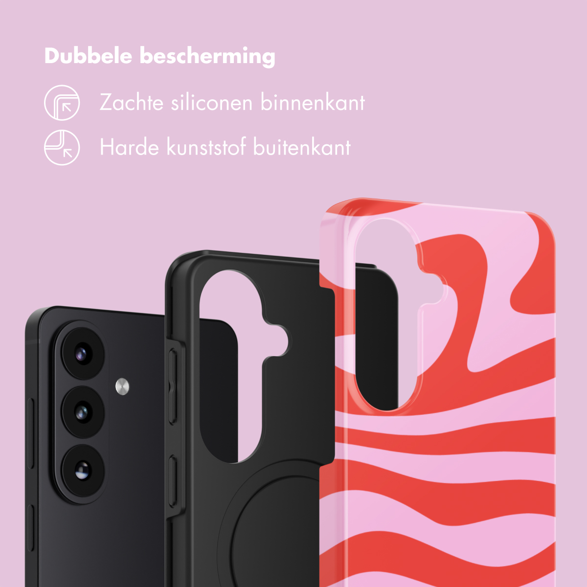 Drie telefoonhoesjes: een zwarte, een zwarte en een met roze-rode golven.