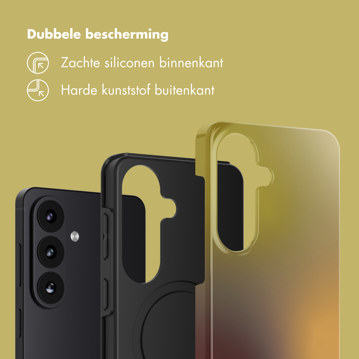 Zwarte smartphone met drie camera's, ernaast twee telefoonhoesjes.