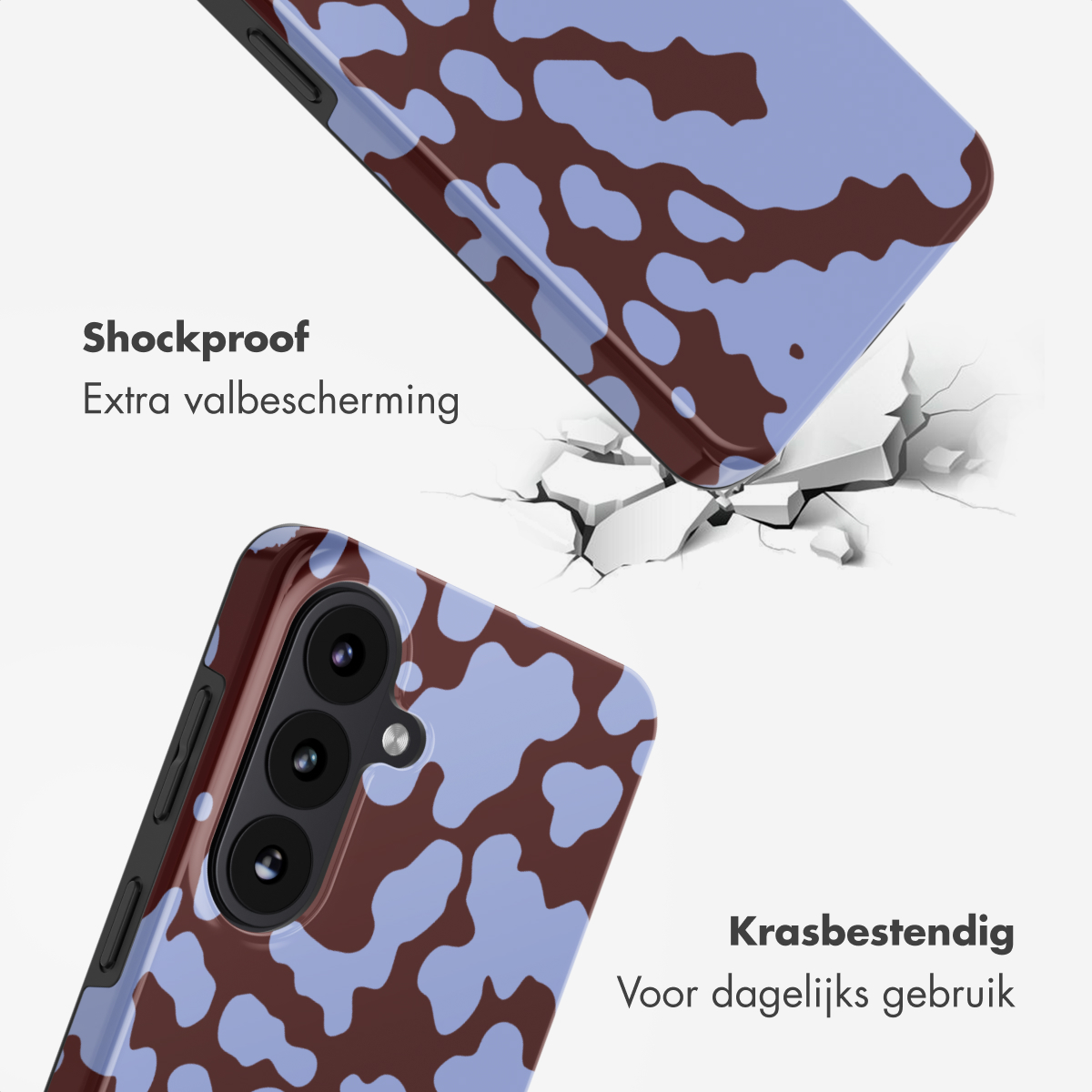 Een telefoonhoes met bruine en blauwe vlekken valt op de grond.