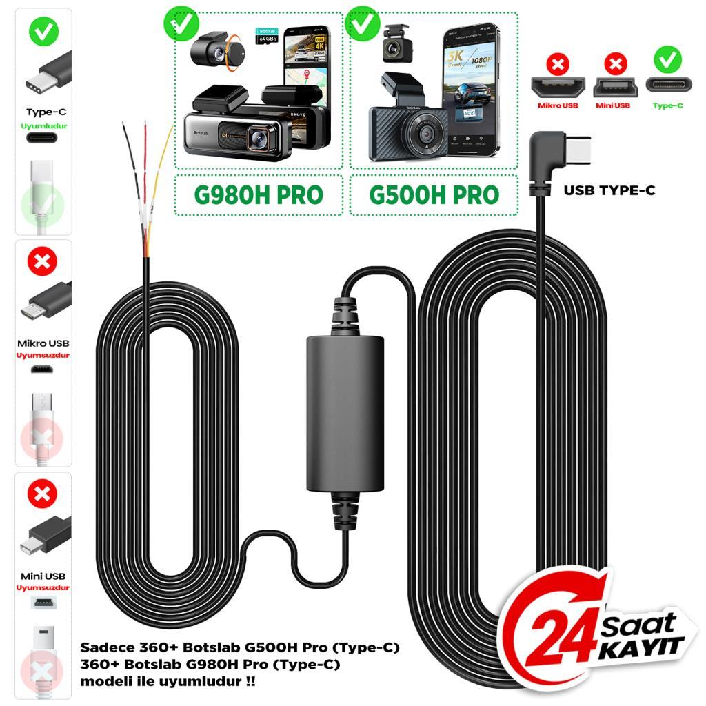 G980H PRO & G500H PRO dashcam'lar USB-C kablolu. Sol: Uyumlu/uyumsuz kablo tipleri.