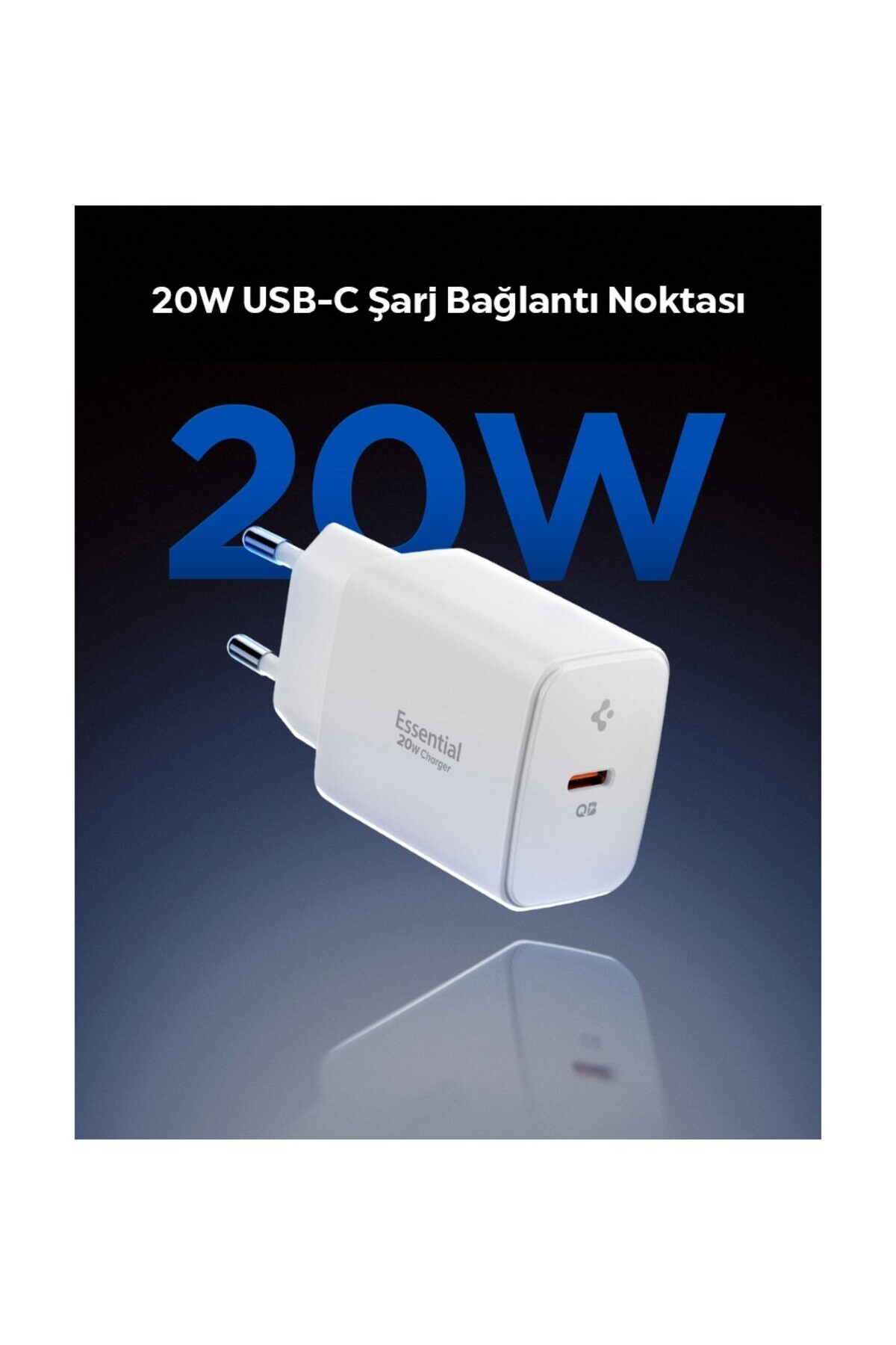 İki pinli ve QC logolu beyaz 20W USB-C şarj cihazı.
