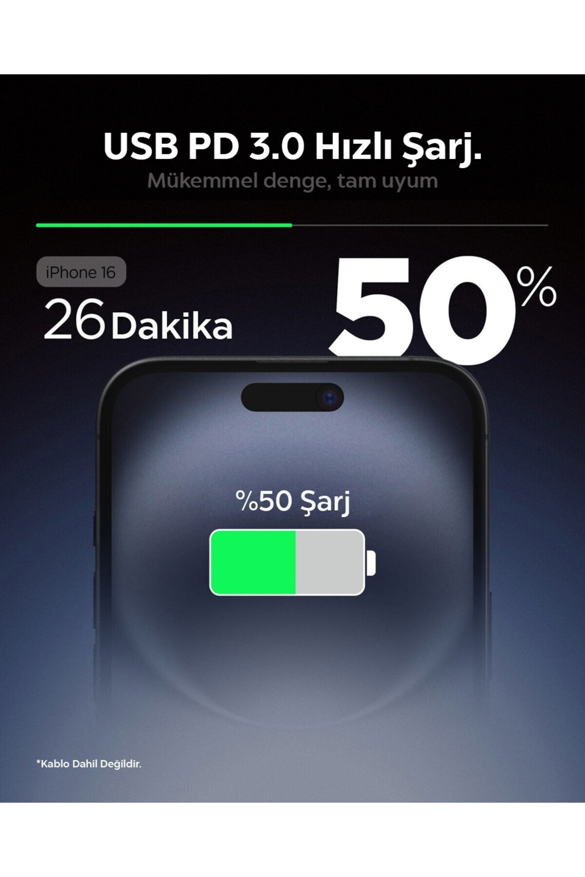 iPhone 16: USB PD 3.0 hızlı şarj ile 26 dakikada %50 şarj.