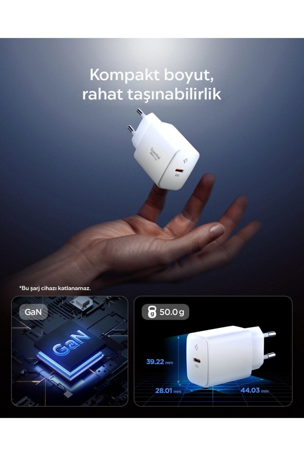 Beyaz GaN şarj cihazı, 50g, boyutları 39.22mm x 28.01mm x 44.03mm.