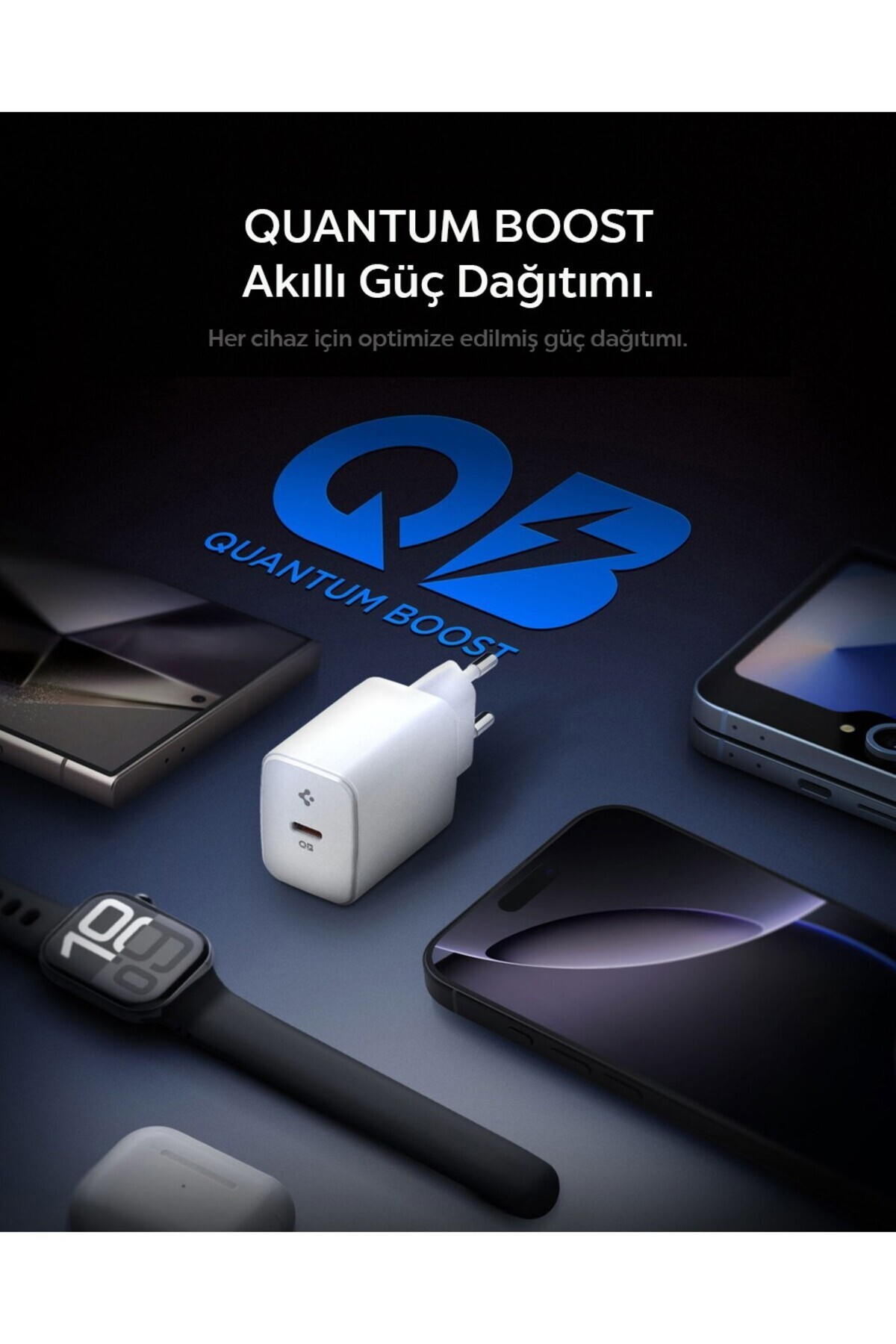 Beyaz şarj cihazı, akıllı saat, kulaklık ve akıllı telefonlar koyu arka planda.