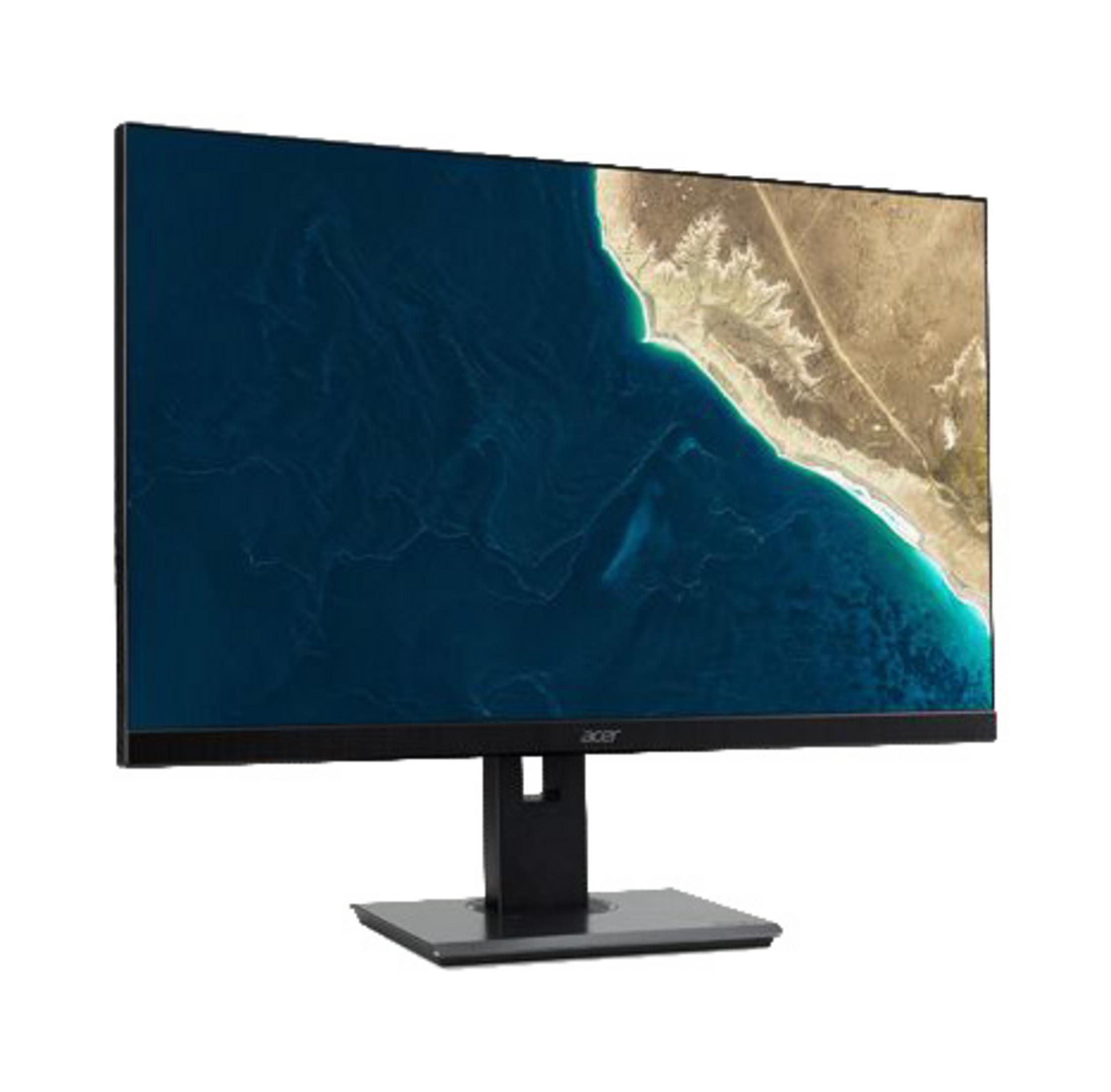Monitor Acer wyświetlający krajobraz wybrzeża z morzem.