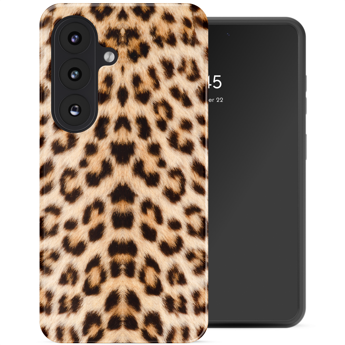 Telefoonhoesje met luipaardprint naast een smartphone met donker scherm.