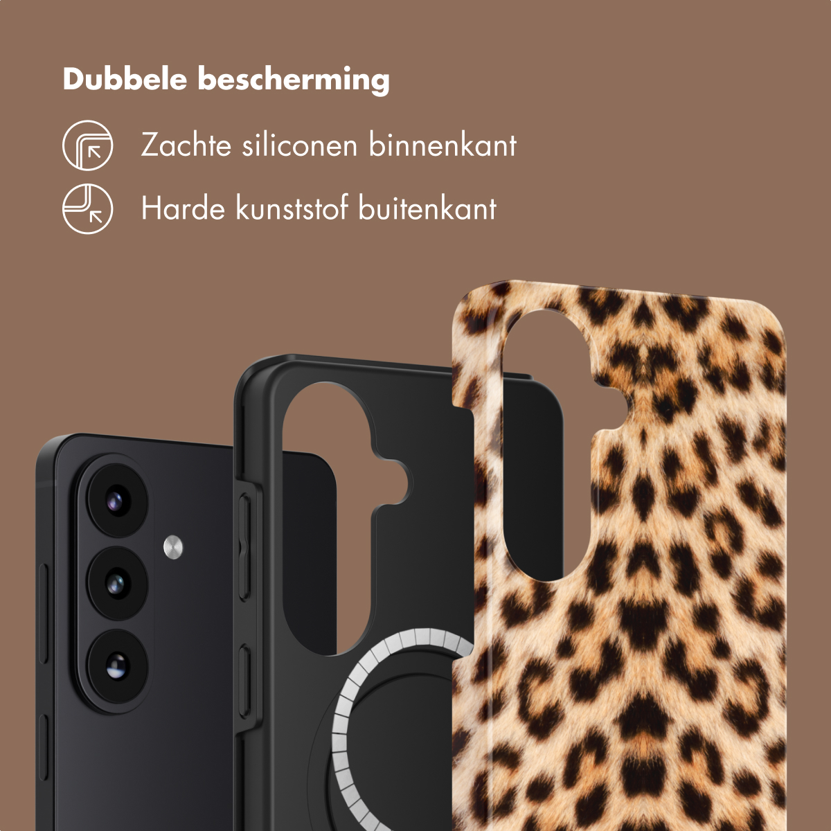 Zwarte telefoon met luipaardprint hoesje, zachte siliconen binnenkant.