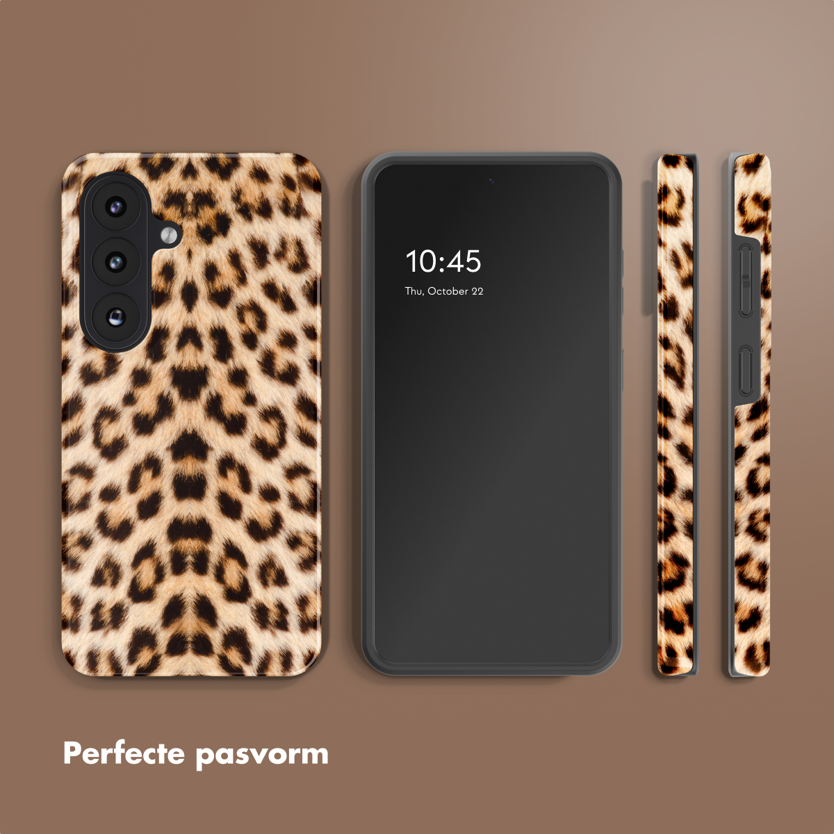 Leopardprint telefoonhoesje naast een zwarte smartphone.