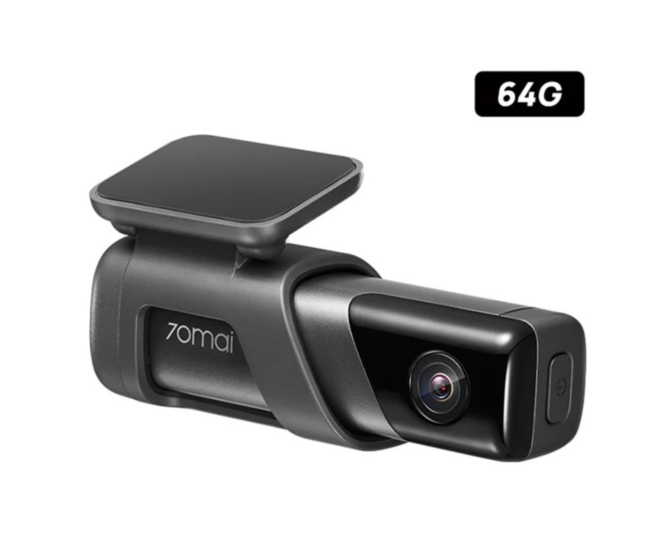 Eine schwarze Dashcam mit "7omai"-Logo und einem 64G-Aufkleber.