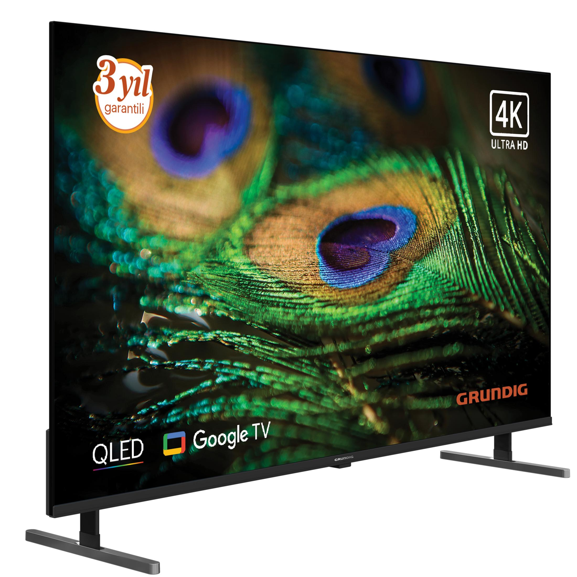 Grundig logolu, 4K Ultra HD, tavus kuşu tüyü resimli modern TV.