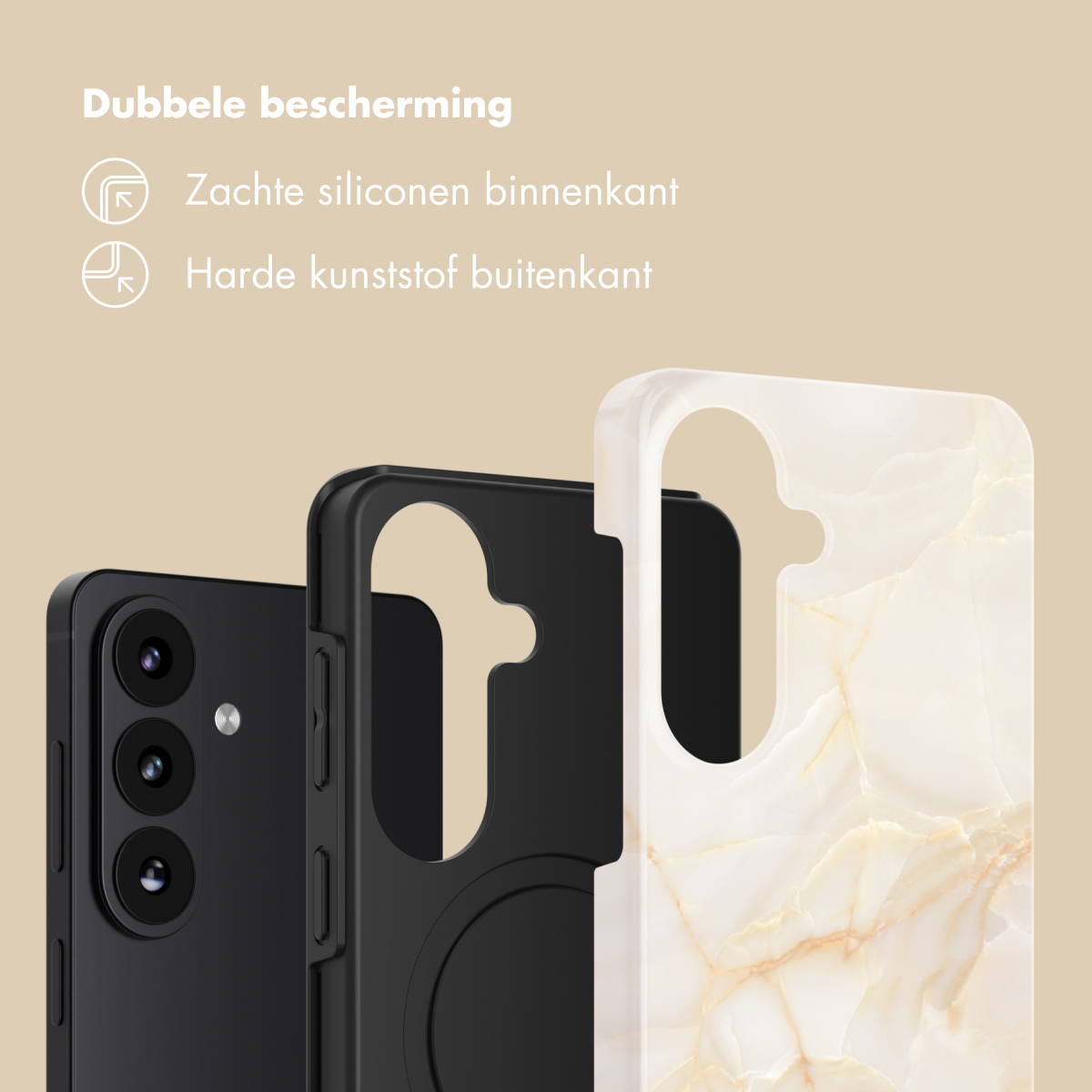 Zwarte telefoon met witte marmeren telefoonhoesjes ernaast.