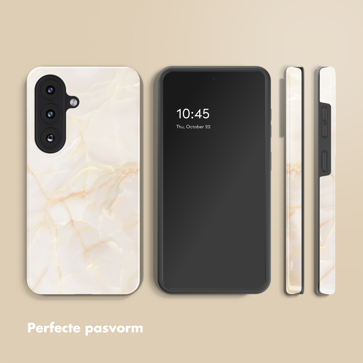 Een telefoonhoesje met marmerpatroon naast een smartphone. Voor- en zijaanzichten getoond.