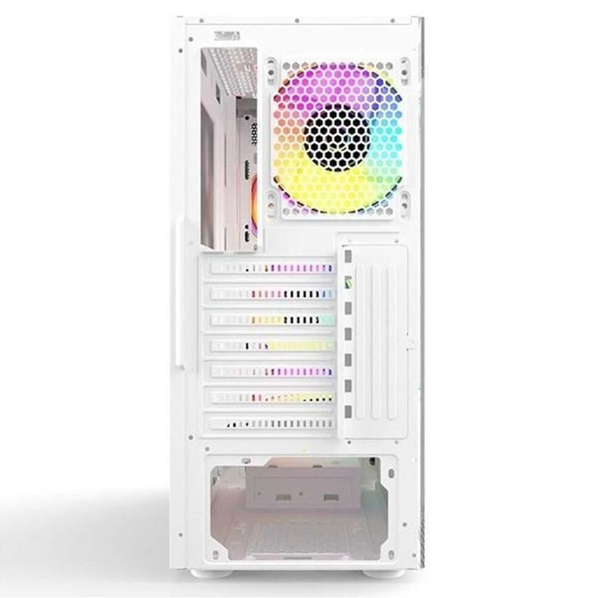 RGB fanl ve ok sayda geniletme yuvasna sahip beyaz PC kasas.