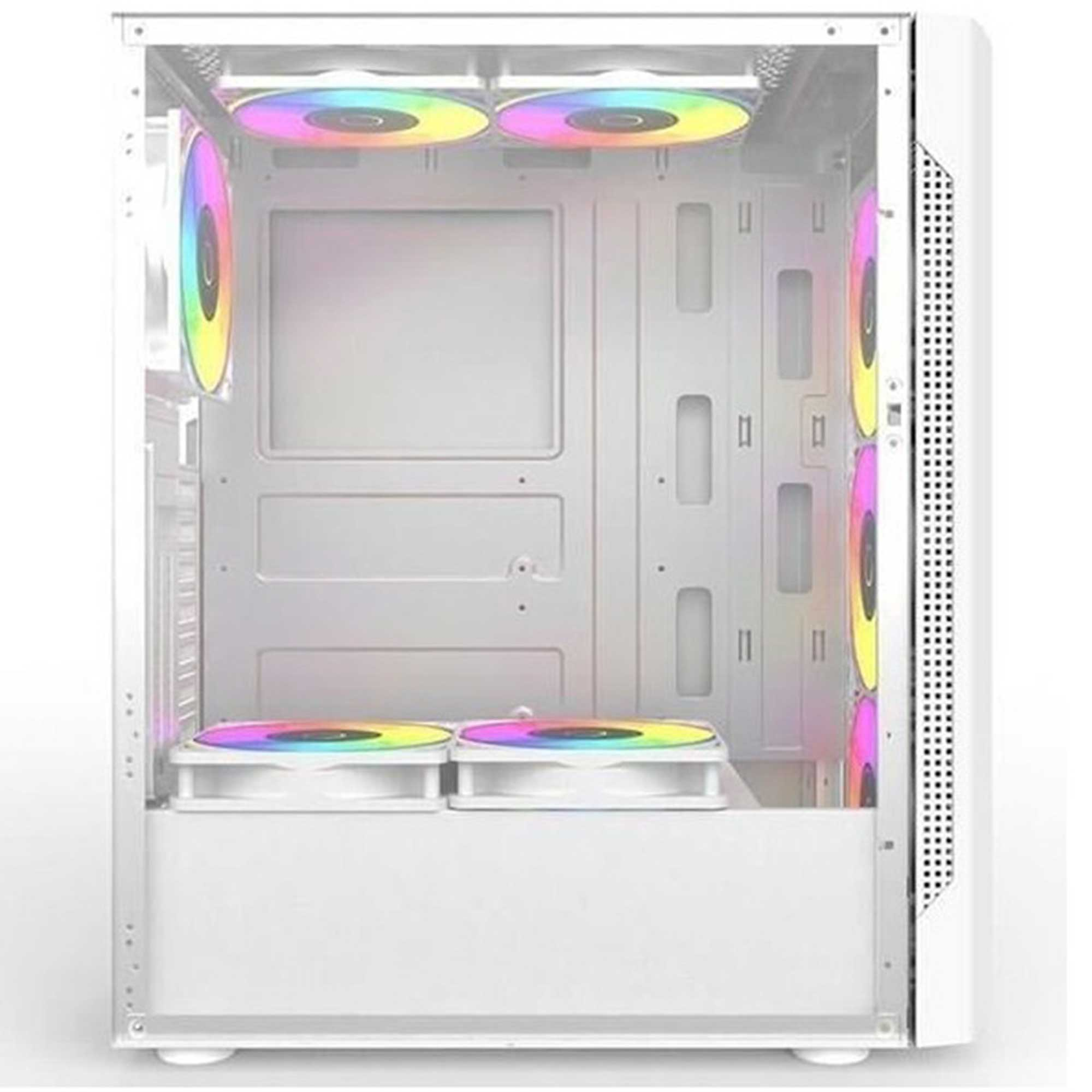 RGB fanlı beyaz bilgisayar kasası, iç görünüm.
