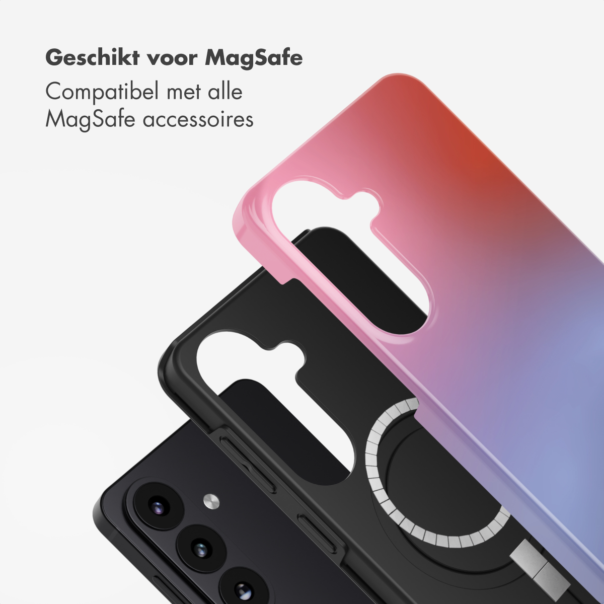 Een roze naar paarse MagSafe hoes over een zwarte telefoon met drie camera's.