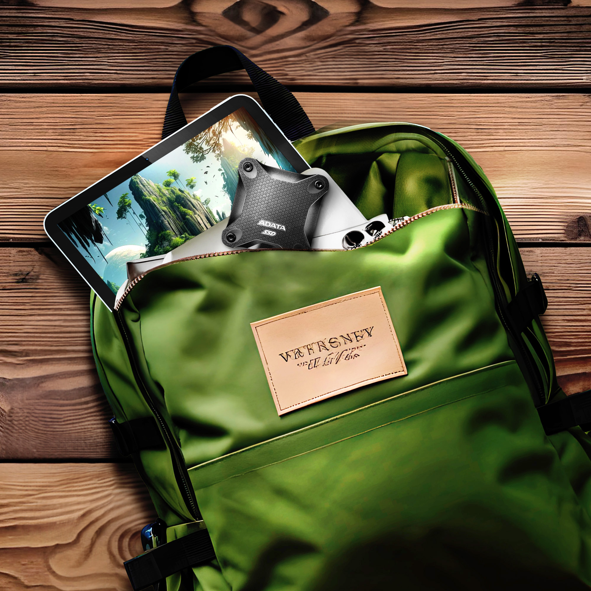 Zielony plecak z tabletem, dyskiem SSD i skórzaną metką na drewnianym stole.