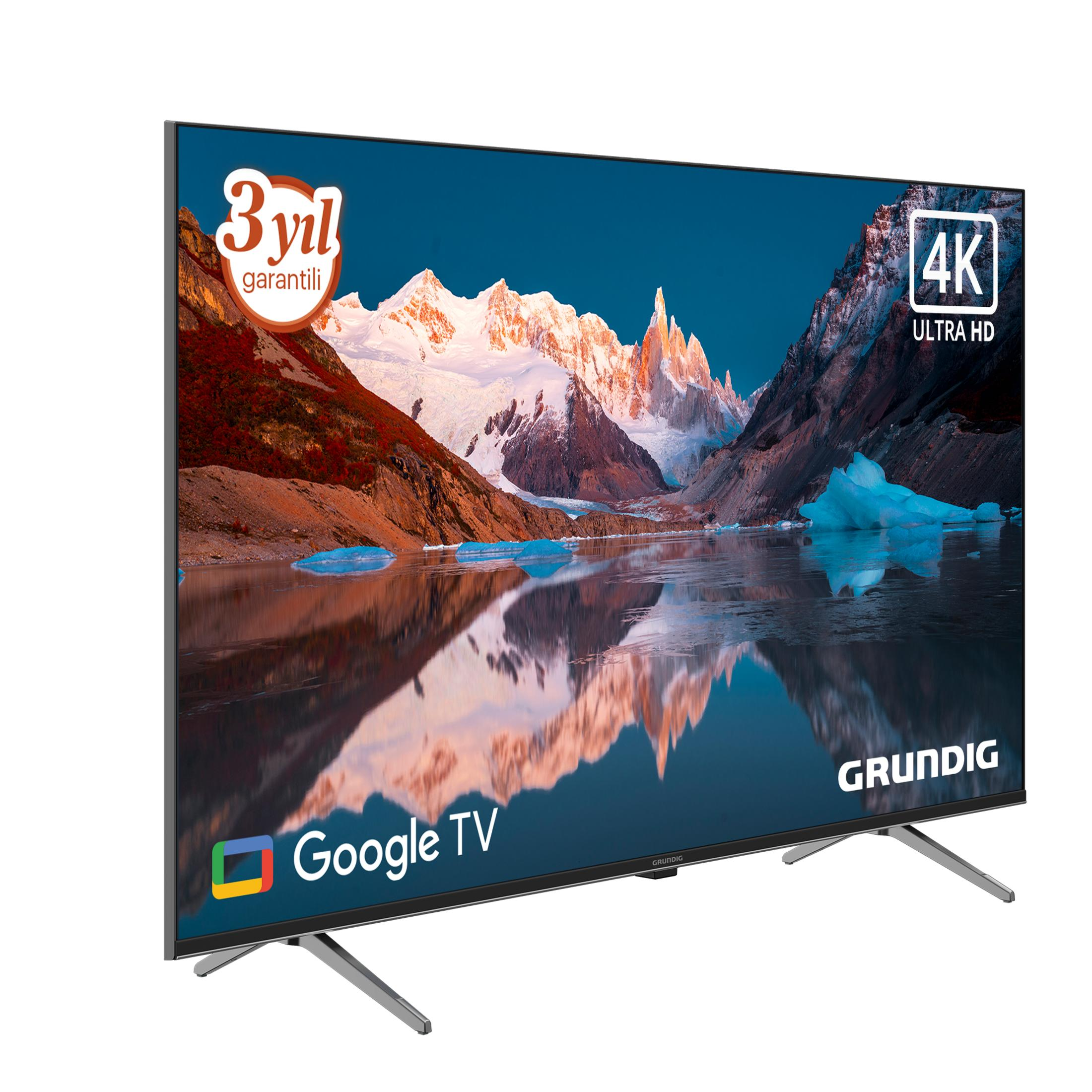 4K Ultra HD çözünürlüklü, dağ ve göl manzaralı modern bir TV.
