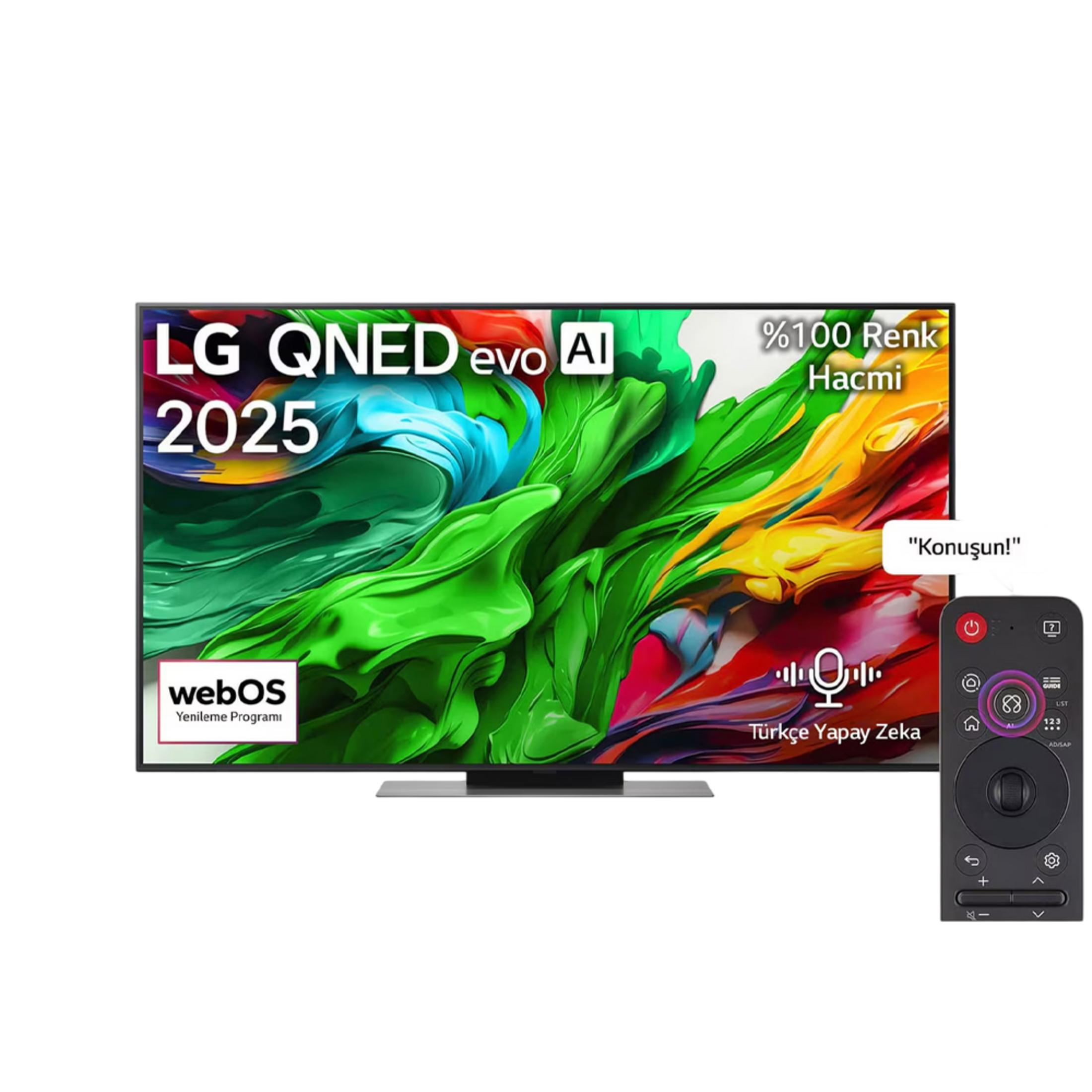 LG QNED 2025 TV uzaktan kumandayla, ekranda soyut renkli grafik.